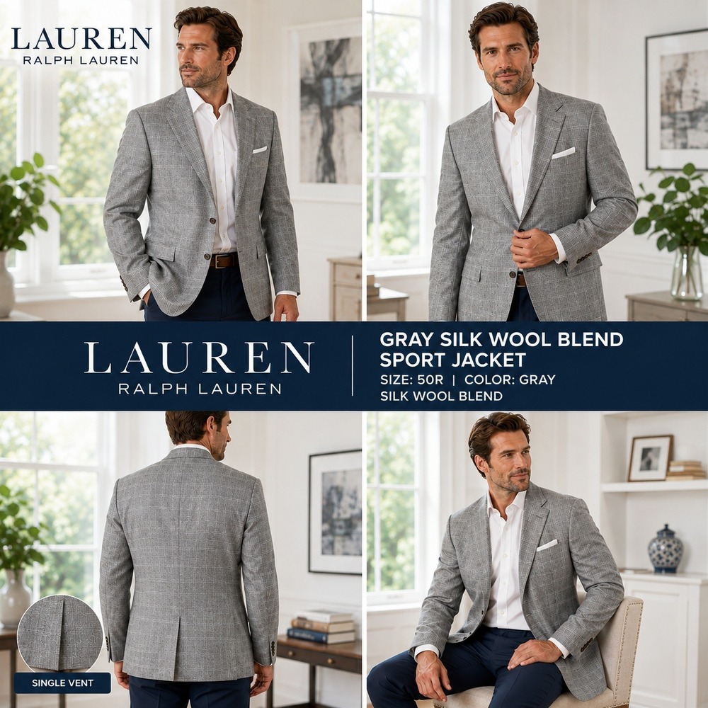 Lauren Ralph Lauren Mens 50R Sport Coat Gray Silk Wool Blend Blazer #1819